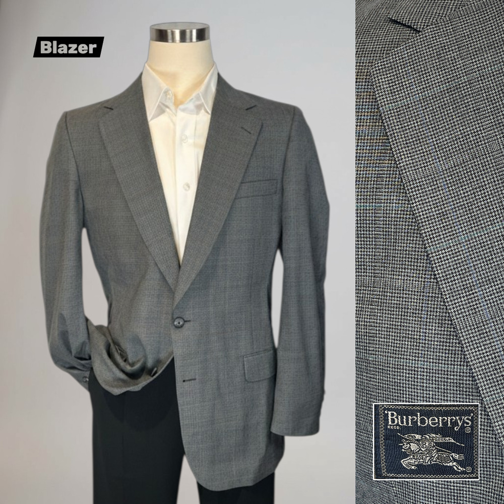 Flaws Vtg Burberry's 40L Gray Puppytooth Subtle Blue Plaid Blazer